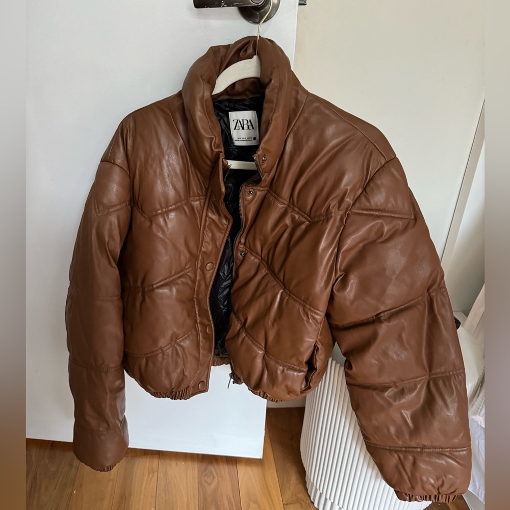 Zara Camel Brown Leather Puffer Jacket - size S